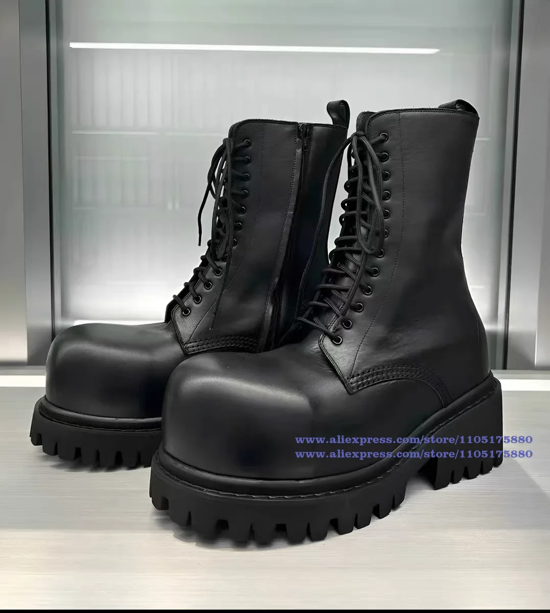 Black Lace-Up Motorcycle Men's Boots Side Zipper Round Toe Thick-Soled High Top Booties Luxury Designer Men's Boots Botas Mujer