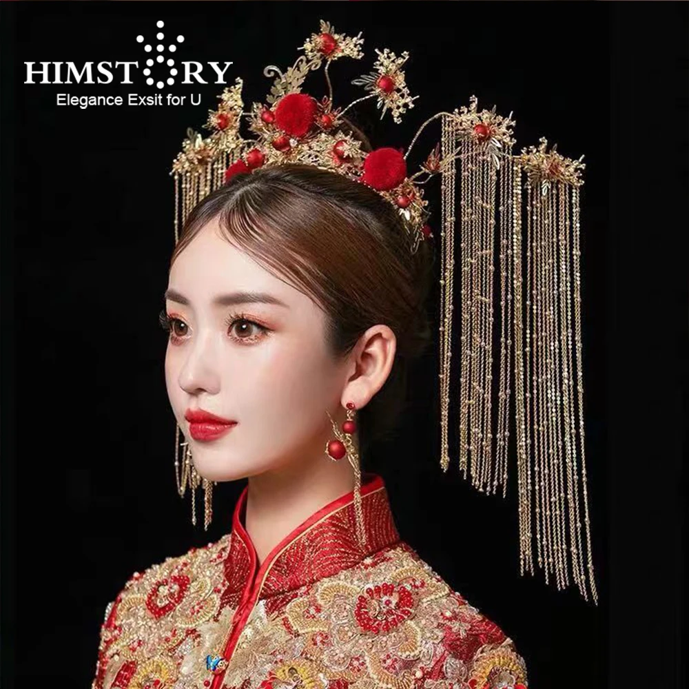 Himstory Red Velvet Ball Vintage Chinese Wedding Traditional Bridal Hair Crown  Long Tassel Phoenix Hairwear Accessories