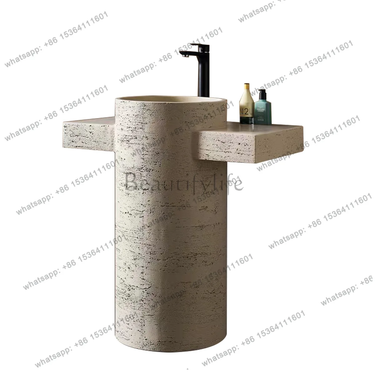 Medieval travertine column basin light luxury high-end floor-to-ceiling wash basin with countertop integrated wash table