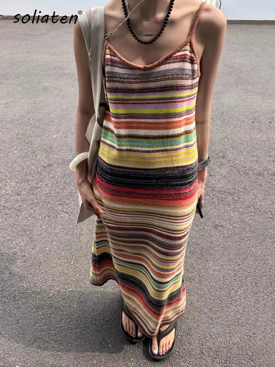 ใหม่สายรุ้งลายถักชุดสําหรับฤดูใบไม้ผลิ/ฤดูร้อน 2025 โบฮีเมียวันหยุดชุดถักสปาเก็ตตี้ Strapless Sundress C-037