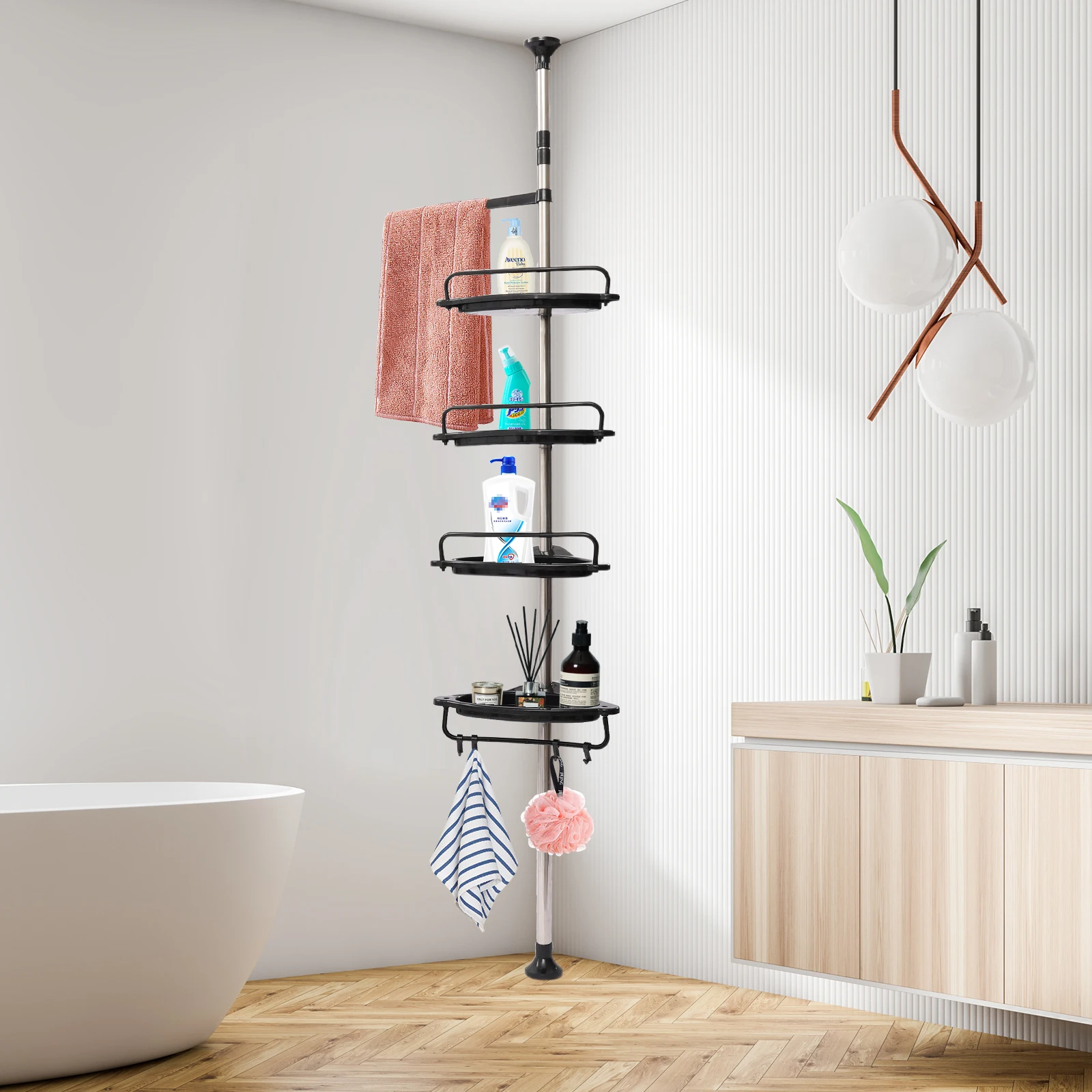 Rustproof Shower Corner for Bathroom Bathtub Storage Organizer For Shampoo Accessories 5-Tier Adjustable Shelves with Tension