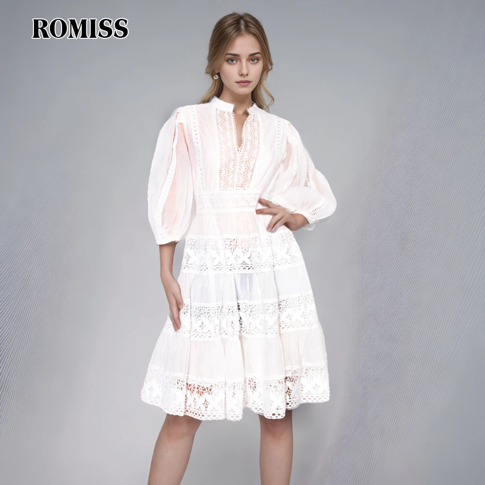 ROMISS Solid Hollow Out Embroidery Dresses For Women Stand Collar Puff Sleeve High Waist Loose Dress Female Fashion New