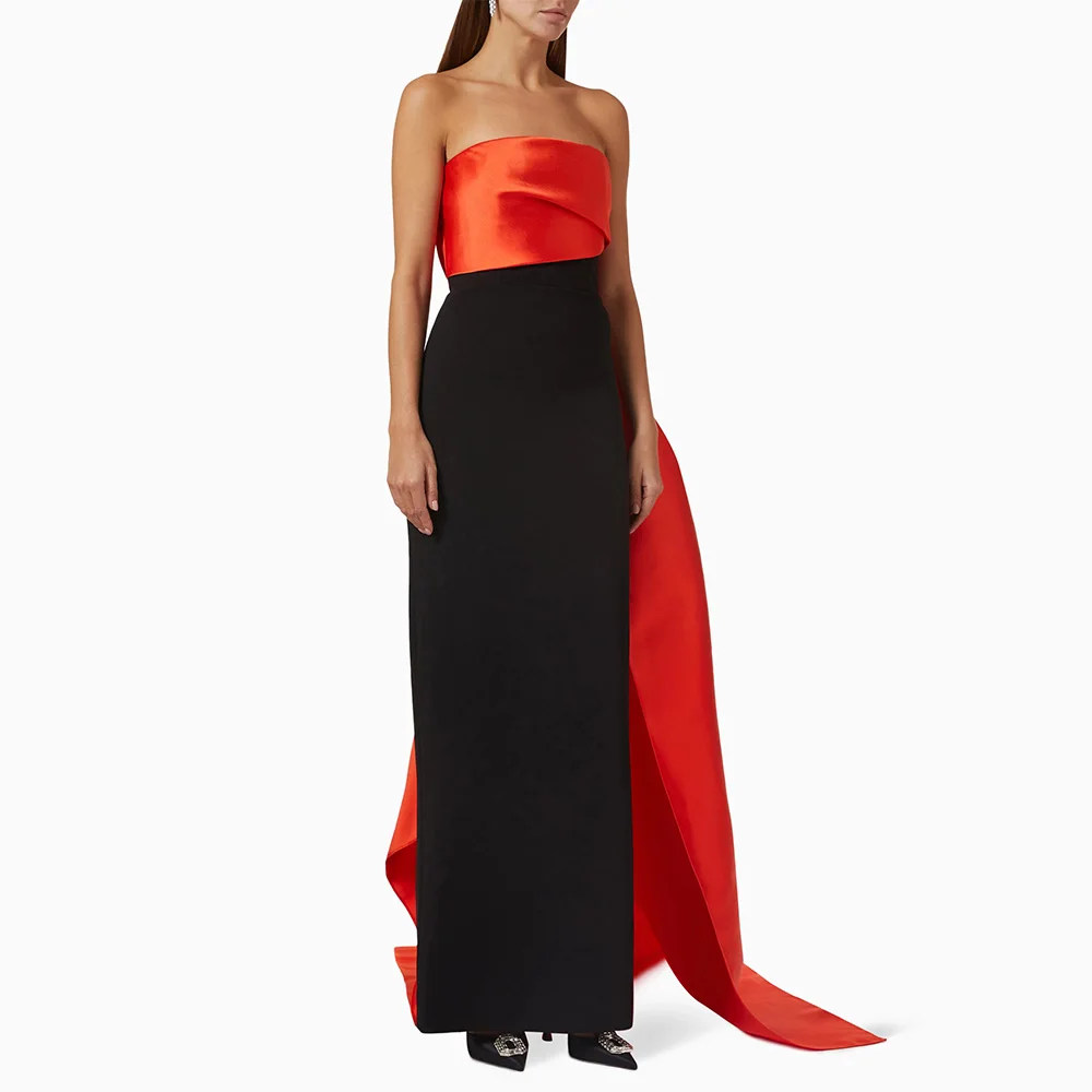 

Red and Black Evening Dresses for Women Column Strapless Elegant Wedding Guest Gowns Long Sleeveless Draped Modern Formal Dress