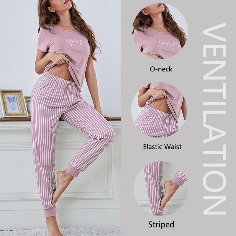 2Pcs Women Plus Size Pajamas Short-Sleeved White Striped Drawstring Trousers Student Homewear Suit Letter Print T-Shirt Ladies