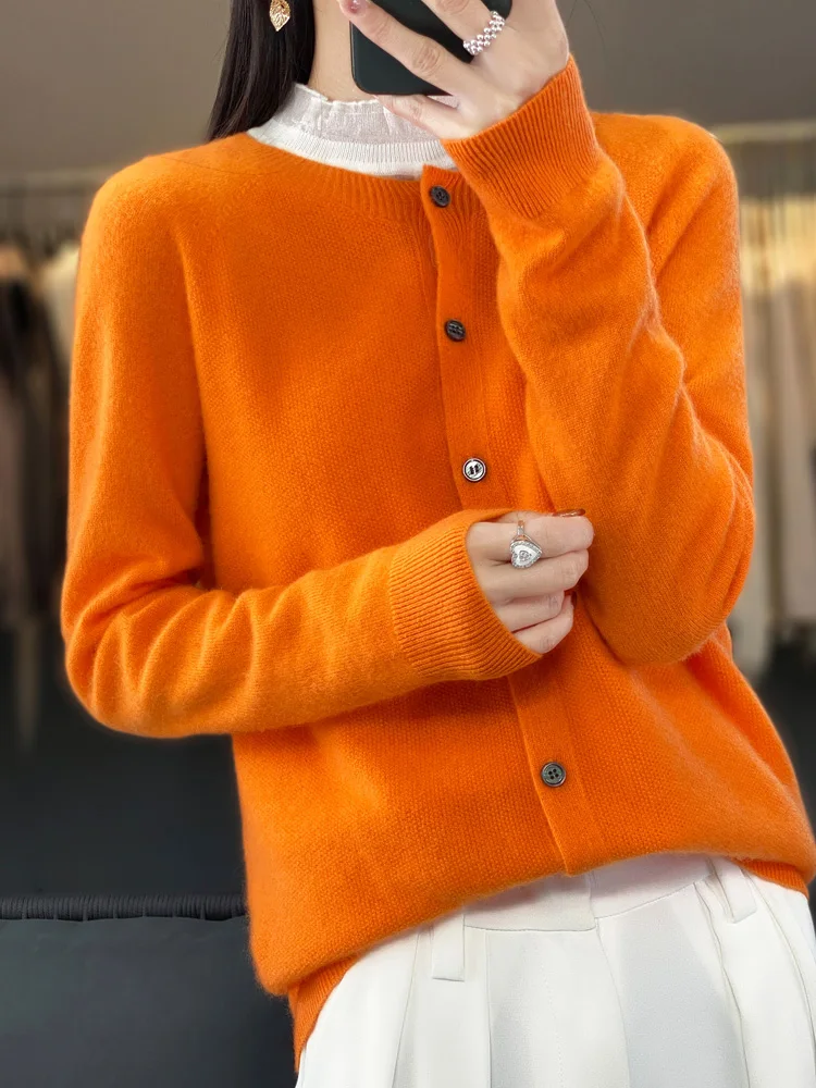 Pull en laine mérinos pour femmes, cardigans boutonnés à col rond, tricots à manches longues, vêtements féminins, printemps, automne, hiver, 100%