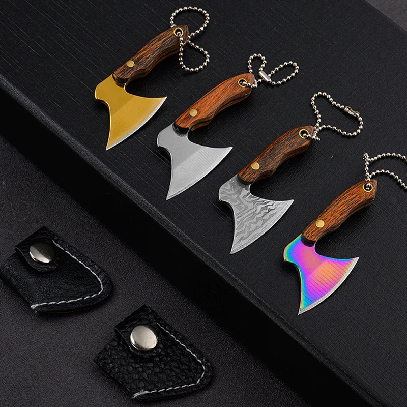 Portable Keychain Ax Knife Pocket Creative Mini Hatchet Knife Stainless Steel EDC Fixed Blade Wood Handle Kitchen Small Knives