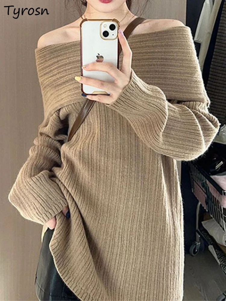 

Slash Neck Pullovers Women Temper Cozy Simple Sexy Korean Style Soft Autumn Knitting Chic All-match Streetwear Females Classic