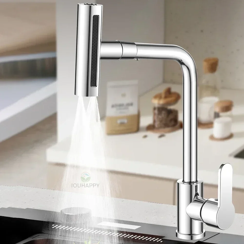 Kitchen Cold and Hot Faucet 4 Modes Waterfall Sink Single Hole Tap Deck Mounted Universal 360° Rotation Sink Basin Faucet