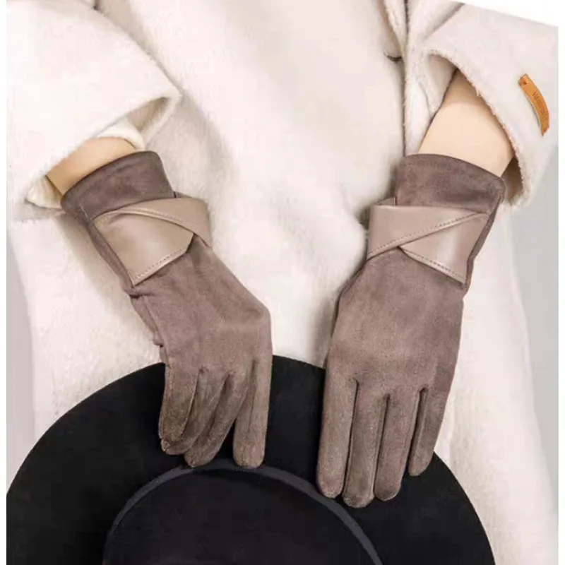 Korean version warm gloves, women's autumn and winter with thickened velvet for fashion, anti cold suede gloves
