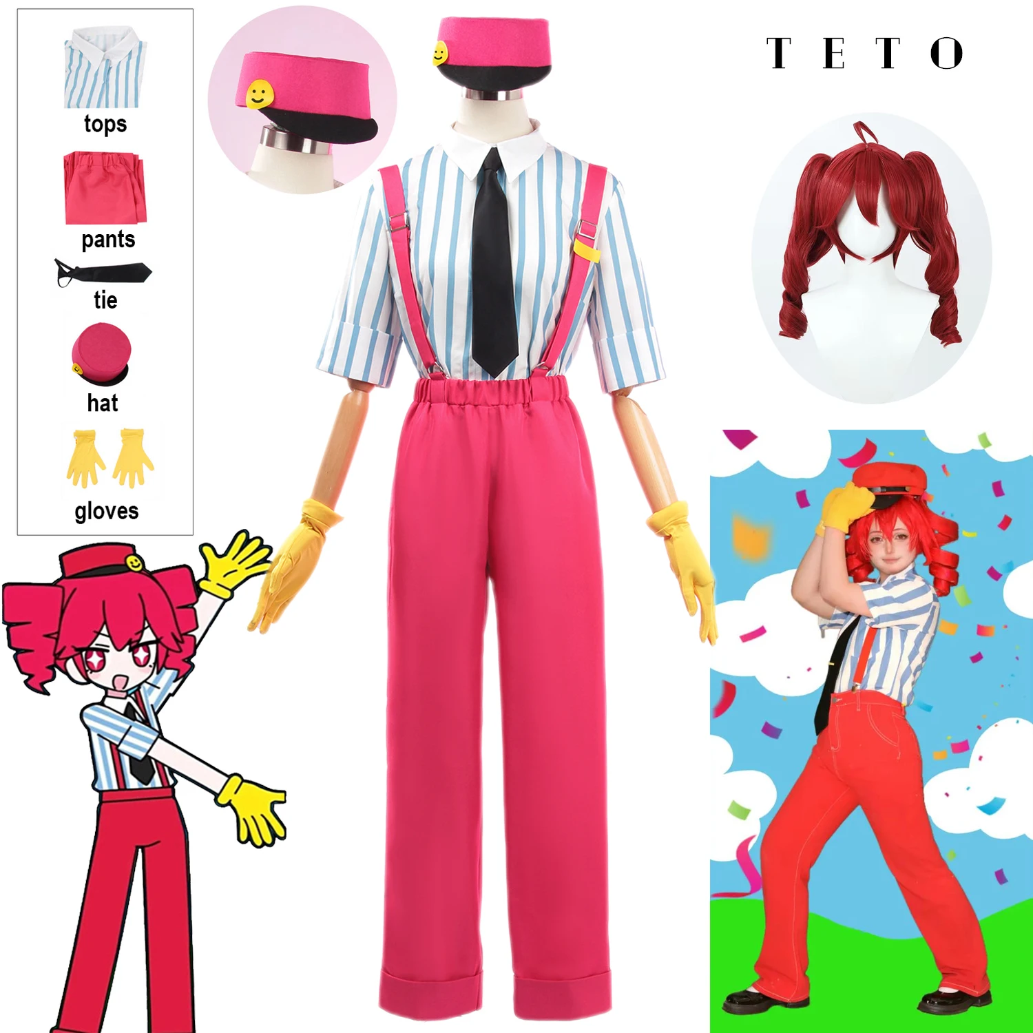 

Аниме Mikuu Kasane Teto Косплей Костюм Парик Mesmerizer Женщины Девушка Teto Красный Комбинезон Униформа Игра Косплей Хэллоуин Костюм Костюм