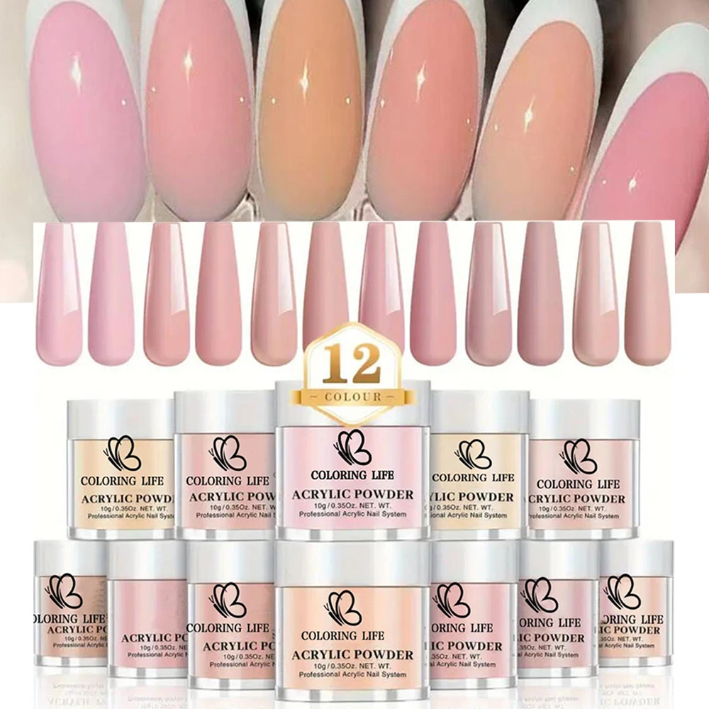 Juego de polvos acrílicos de 12 colores: tonos nude y pastel, sistema profesional de extensiones de uñas 3 en 1 perfecto para manicura de salones DIY-