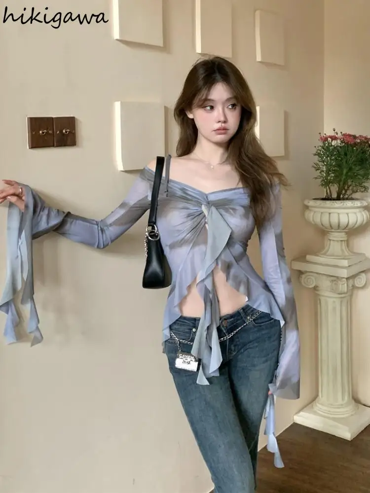 Korean Blouse Women Slash Neck Flare Sleeve Tie-dye Shirts Crop Tops 2024 Camisas De Mujer Chic Gauze Irregular Summer Blouses