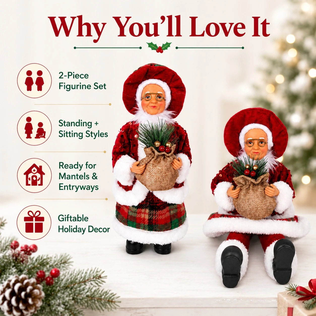 1Pc New Standing Sitting Santa & Santa Grandma Figurine, Christmas Window Display Desktop Ornament Holiday Gift Decoration