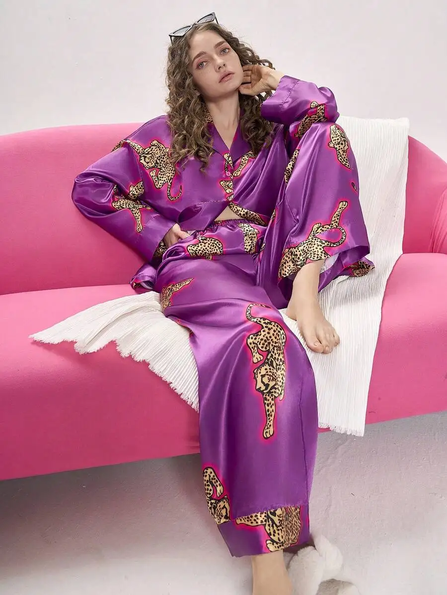 

Purple Leopard Print Satin Pajama Set for Women, Button-Up Top and Wide-Leg Pants, Cozy Elegant Lounge Wear
