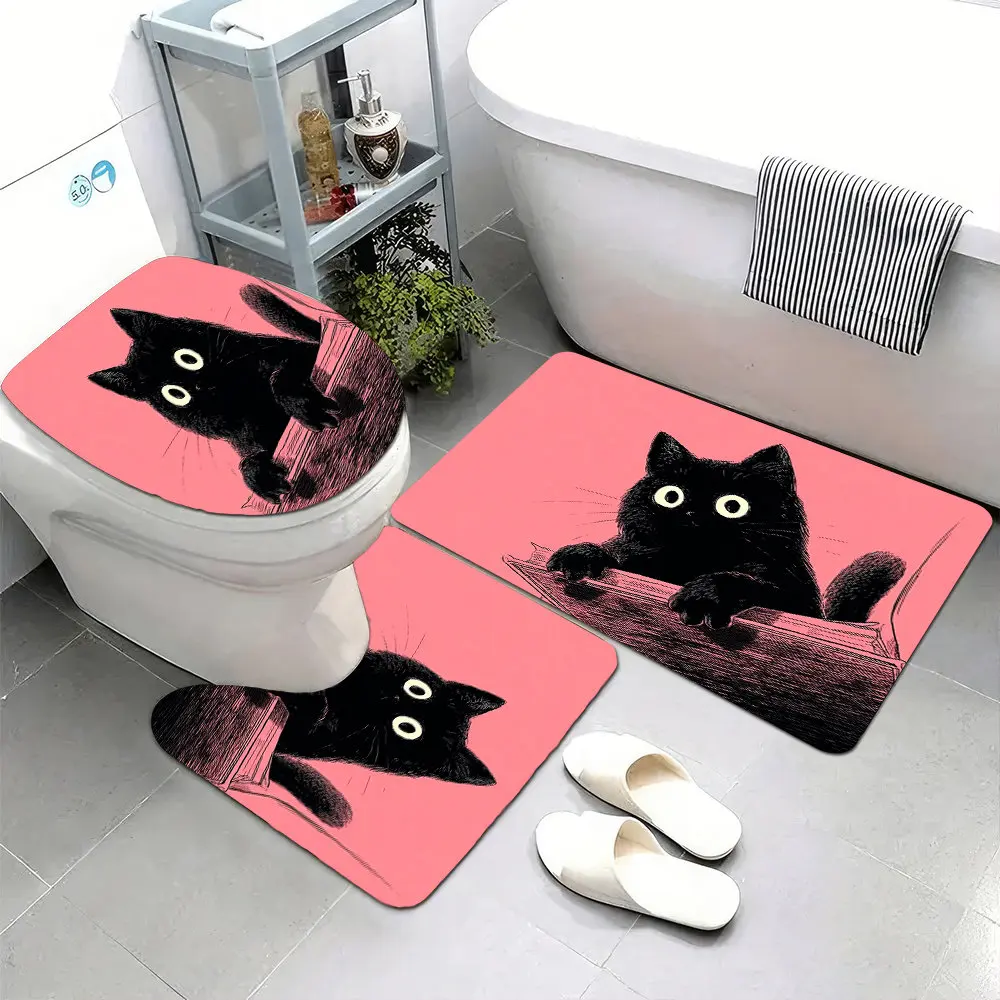 

Set of 3 Ultra-Soft Bathroom Floor Mats with Non-Slip Backing, Featuring a Black Cat Perched on a Table While Gripping an Open B