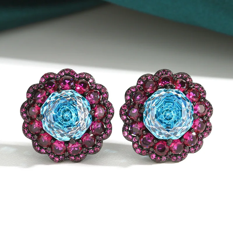 Rose Cut Flower Stud Earrings Multi Layer Purple Blue CZ Floral Earrings Gold Plated Elegant Women Wedding Party Jewelry