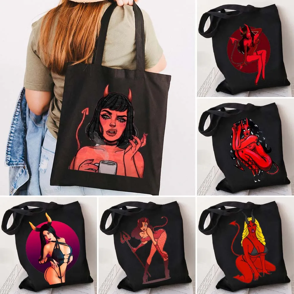 Devil and Angel Wings Sexy Woman Girl Demon Female Dark Art Canvas Shopper Cotton Tote Beach Bags Eco Shopping Shoulder Handbags