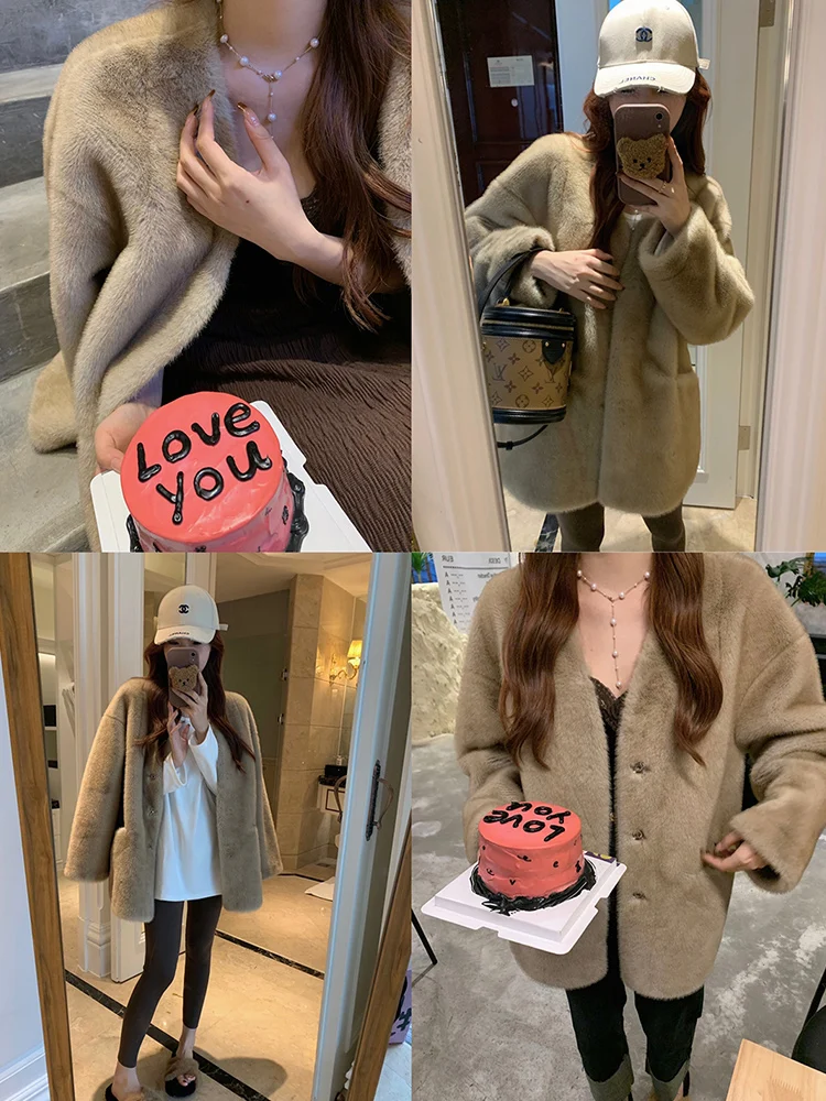 صديقة للبيئة المرأة معطف الفرو المخملية منتصف العمر Sle معطف المنك الاصطناعي طويل Sve V-Ne Thiened الشتاء ملابس خارجية