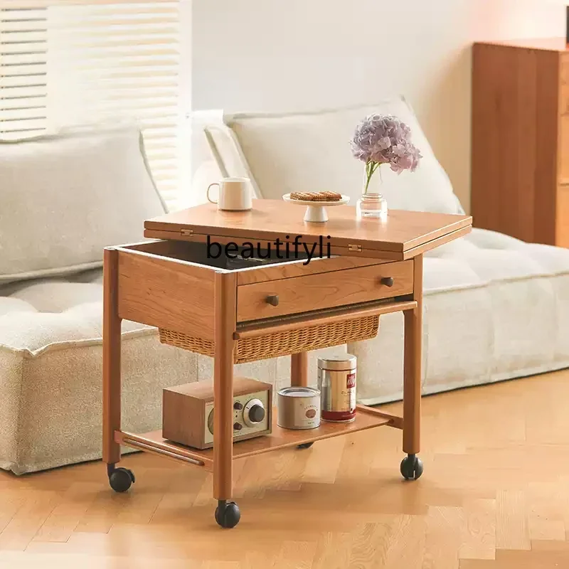 

Living room removable tea side cart Living room household small apartment cherry wood folding desktop