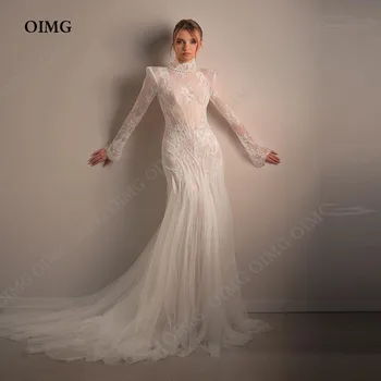 OIMG Morden dantel gelinlik Mermaid tam kollu gelinlikler dantel aplikler Plest Vestido de Vestido süpürme tren 2025