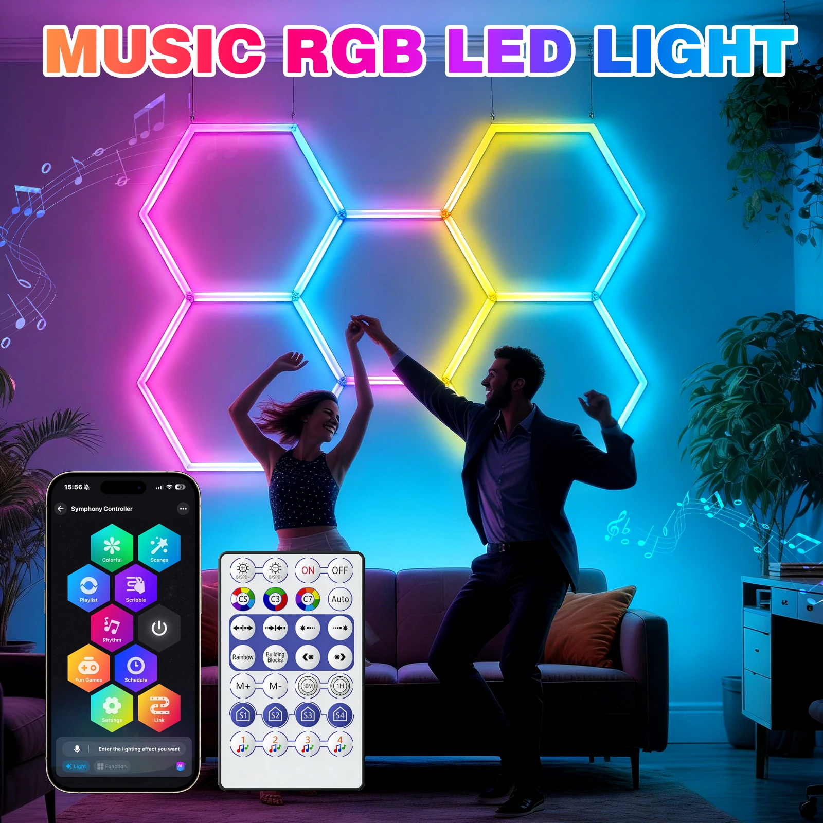 Lampes de garage hexagonales RGB, lampes hexagonales LED synchronisées avec la musique pour salle de jeux, application intelligente et télécommande, éclairage de plafond en nid d'abeille DIY