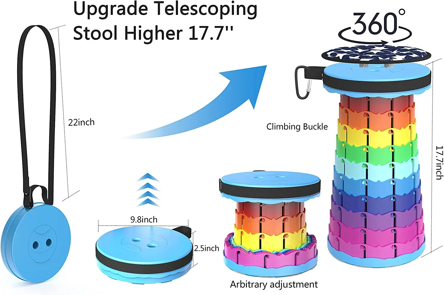 Portable Telescoping Stool with Cushion,Rainbow Retractable Stool Big Capacity 440Ib,Adjustable Folding Stool for Hiking Camping