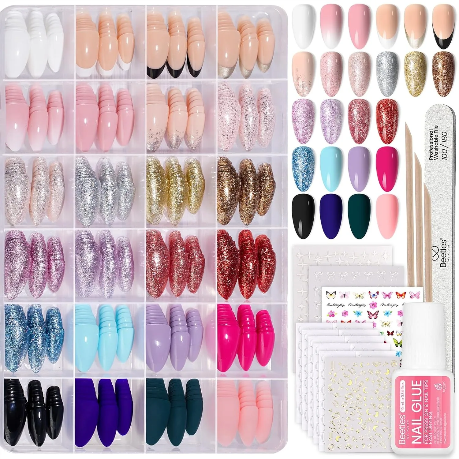 

720Pcs Short Almond Press on Nails Kit 24 Colors Glossy Matte Glitter with Glue & Tabs for Women