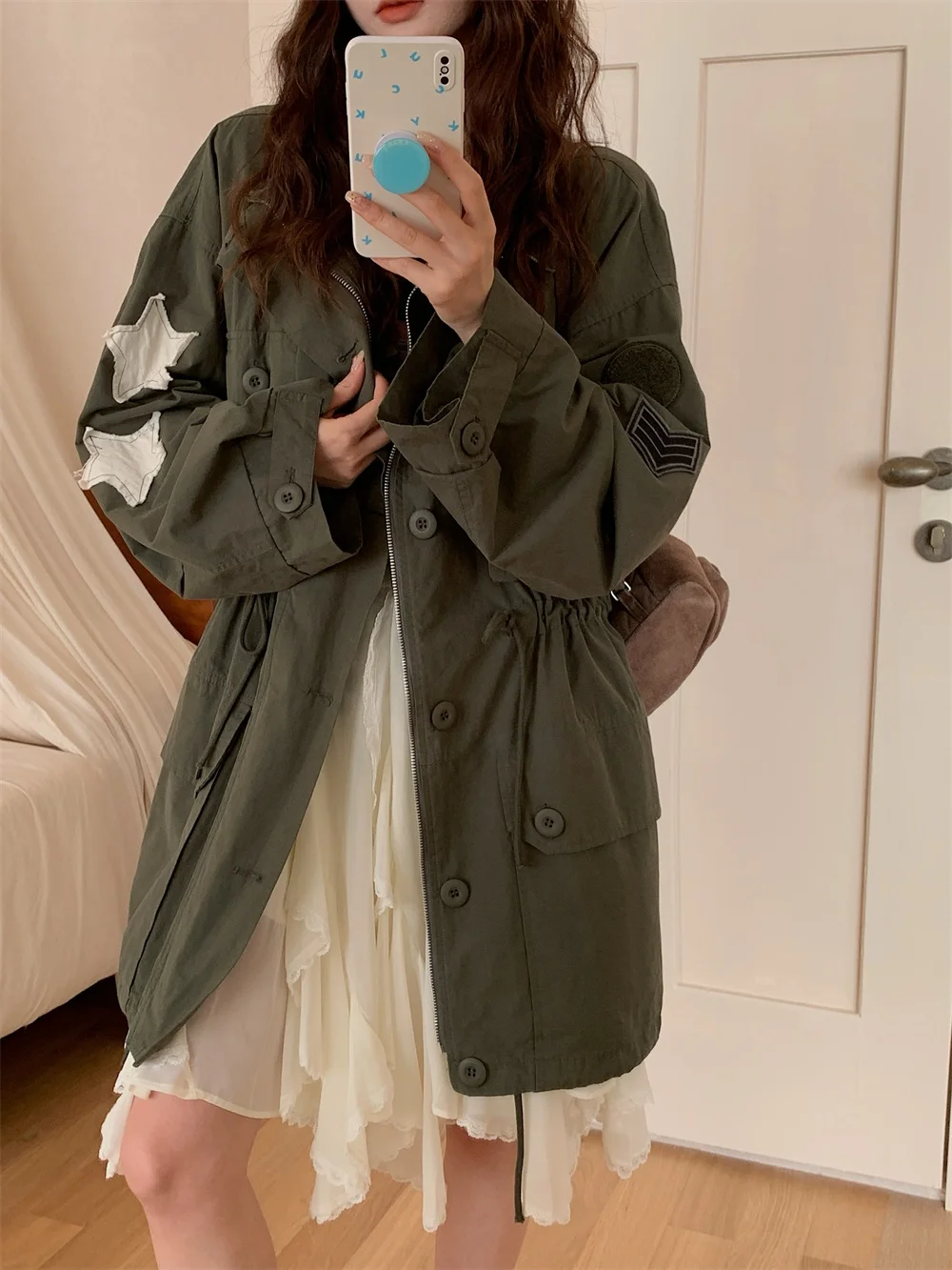 

Женская ветровка свободного кроя Star Label с утягивающим шнурком на талии, утягивающая фигуру, с большими карманами, рабочая куртка с длинными рукавами на молнии