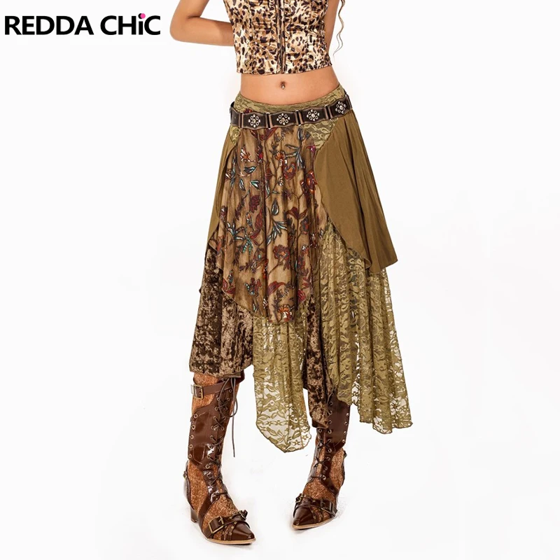 

REDDACHiC Boho Floral Print Asymmetric Skirt Hippie Lace Patchwork Flowy A-Line Midi Long Skirt Summer Vintage Women Clothes