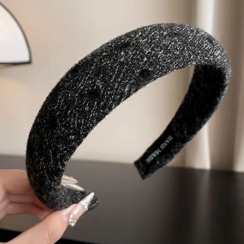Neue graue Stirnbänder Retro gestrickte Schleife Wolle breites Haarband für Frau Mädchen elegante Haarband Dame Winter Mode Haarschmuck – Detail 5