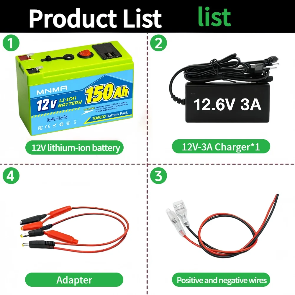 12V 150Ah Lithium-Ion Battery for RV, Fish Probe, Agricultural Spray, Built-In BMS Cold Cycle Operation of Light Source Lighting