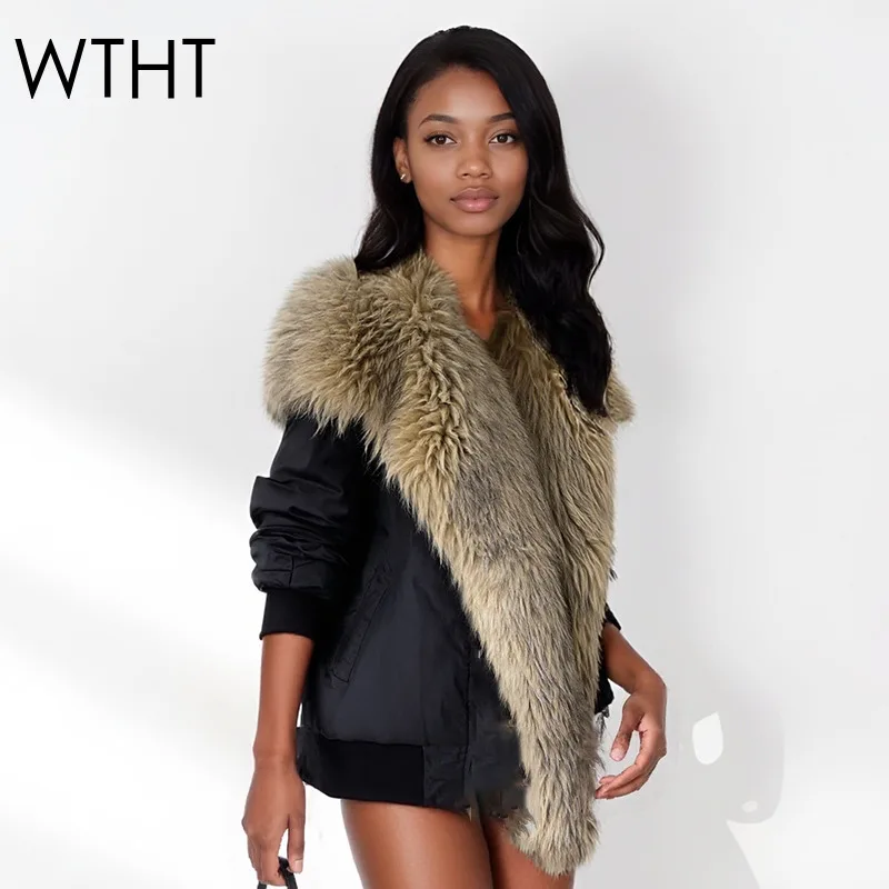 

WTHT новая модная женская стеганая куртка контрастного цвета с плюшевым дизайном, зима 2021, пальто с длинными рукавами и лацканами, женское 1LS2680