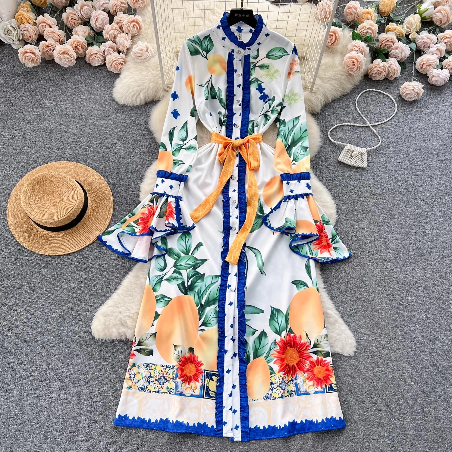 2024 Runway Fashion Spring Flower Holiday Maxi Dress Women Stand Collar Single Breasted Flare Sleeve Lemon Print Loose Belt Robe