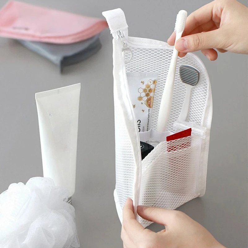 :Standing Mesh Toiletry Bag Women Portable Cosmetic Makeup Organizer Travel Waterproof Toothbrush Storage Case Beauty Pouch