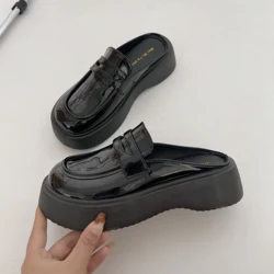 Loafers Med Slippers Casual Cover Toe Shoes Woman 2023 Platform Pantofle Luxury Flat New Bonded Leather Rubber Slides PU