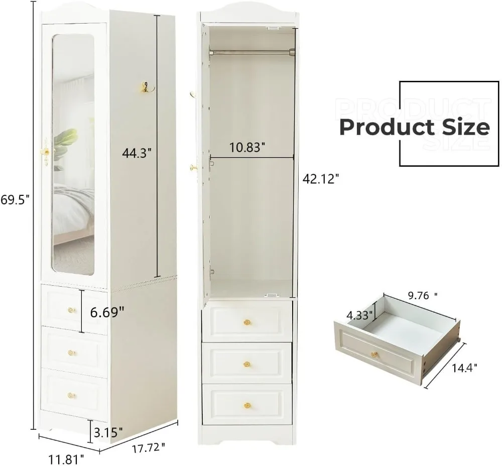69.5인치 화이트 우드 아르모아, 거울 도어, 서랍 3개, 센서 LED 조명 및 침실 수납용 행거 포함
