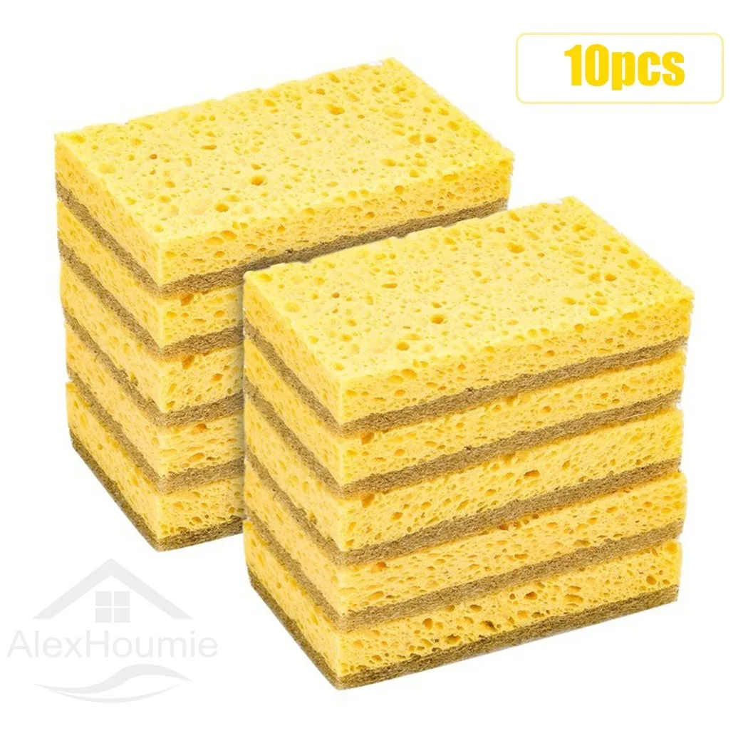 10Pcs 2-Sided Wood Pulp Cotton Scouring Pad Dishwashing Sponge Pad Household Kitchen Absorbing Water Non-stick Oil Dish Towel