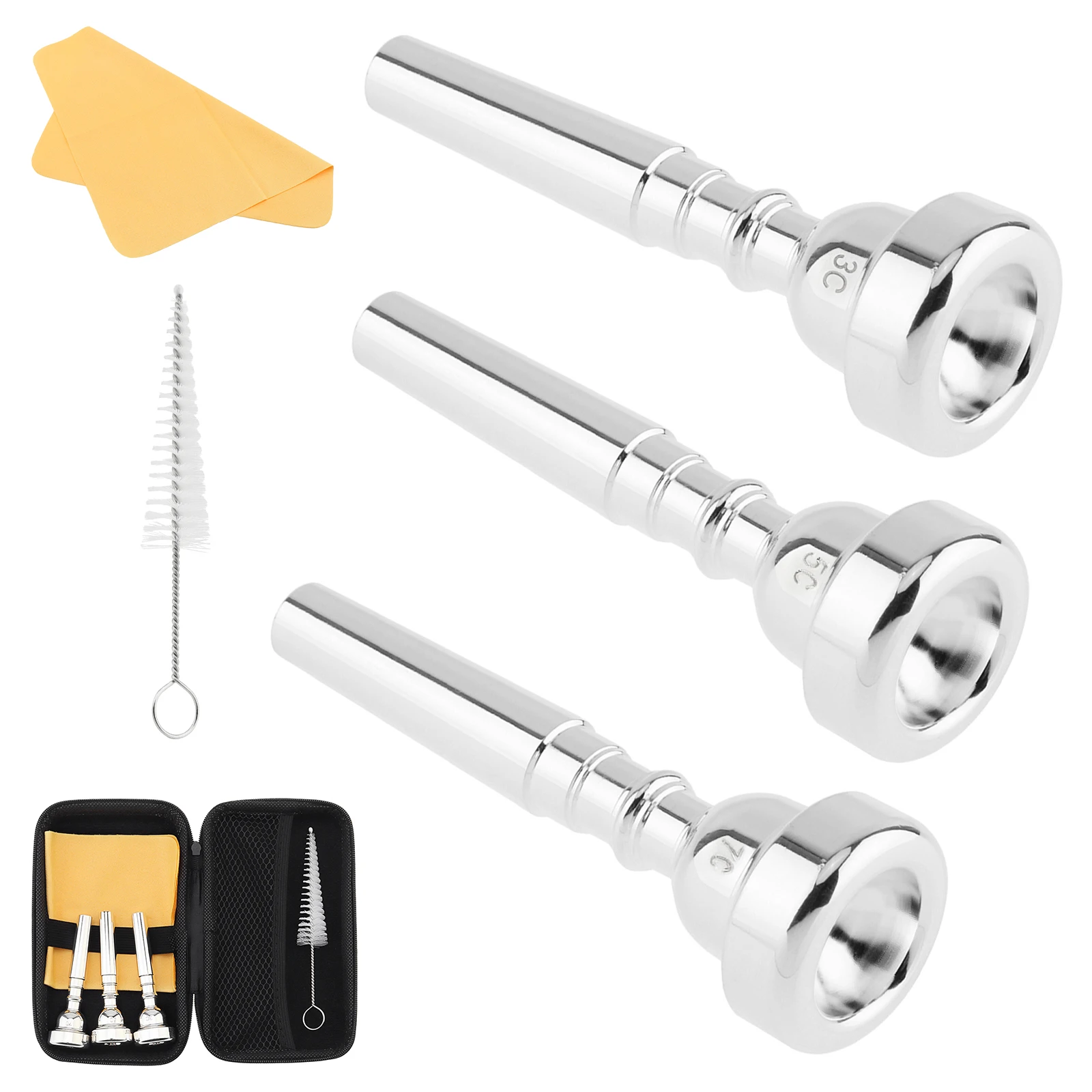 Silver 7C 5C 3C Trumpet Mouthpiece Set with Box Cleaning Cloth Compatible with Bach Conn King Musical Instruments