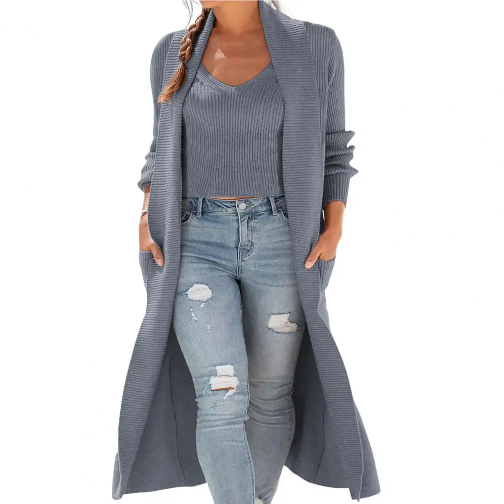 2Pcs/Set Winter Vest Overcoat Set Women Elastic Cardigan Coat Warm V Neck Knitting Tank Top Sweater Women Coat Suit