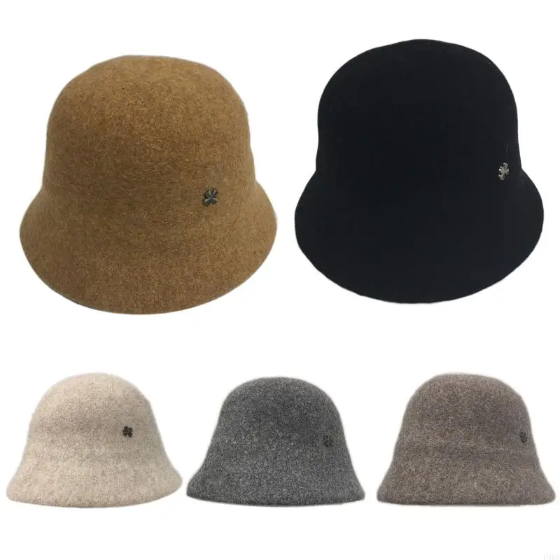 

P88A Solid Color Wool Cloche Hat Fisherman 4-leaf Clover Basin Bucket Hat Wild for Winter Daily Wear Morning Workout