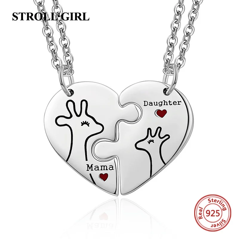 Deer Mama Daughter Pendant Chain 925 Sterling Silver 2PCS Heart Halves Animal Necklace For Women Fine Jewelry Mom Birthday Gift