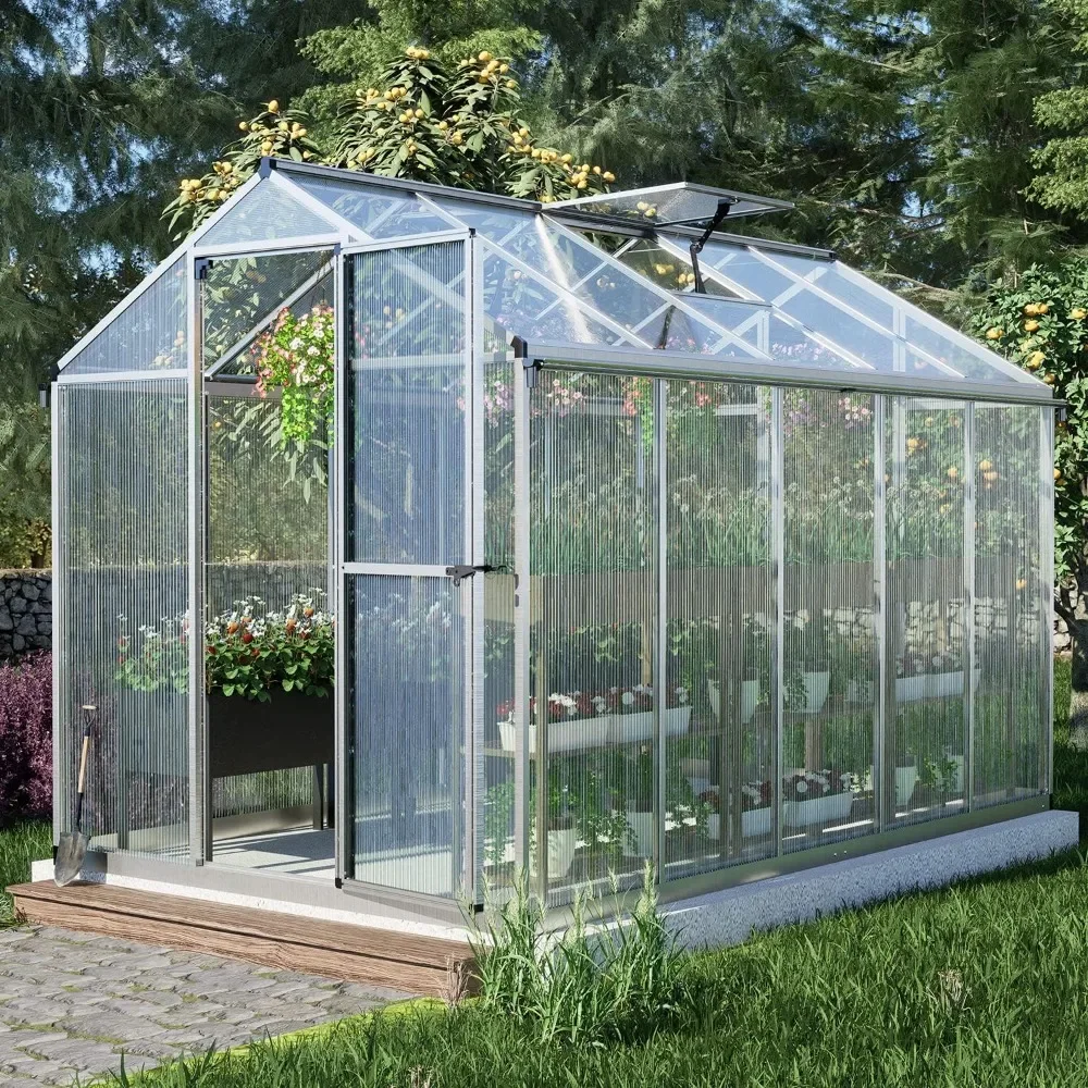 6' X 10' Walk-in Polycarbonate Greenhouse with Heavy-Duty Aluminum Frame, 2 Vent Windows & Lockable Door, Greenhouse