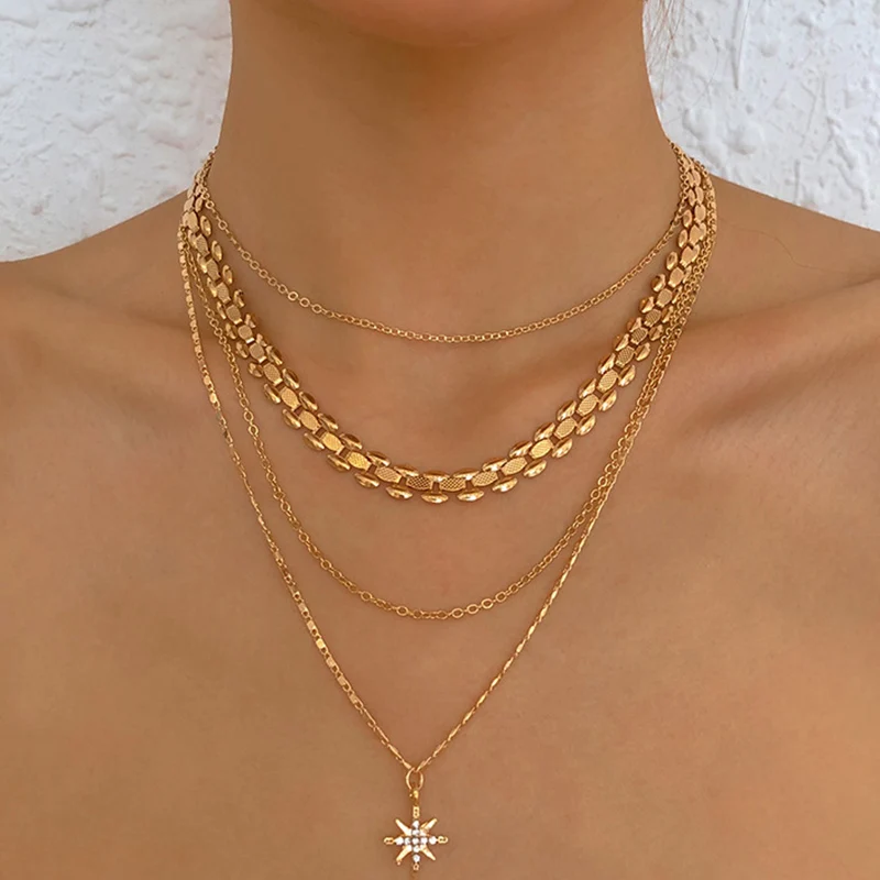 Fashion New Crystal Star Pendant Necklaces For Women Multilevel Long Geometry Chain Vintage Necklace Jewelry Gift X0137