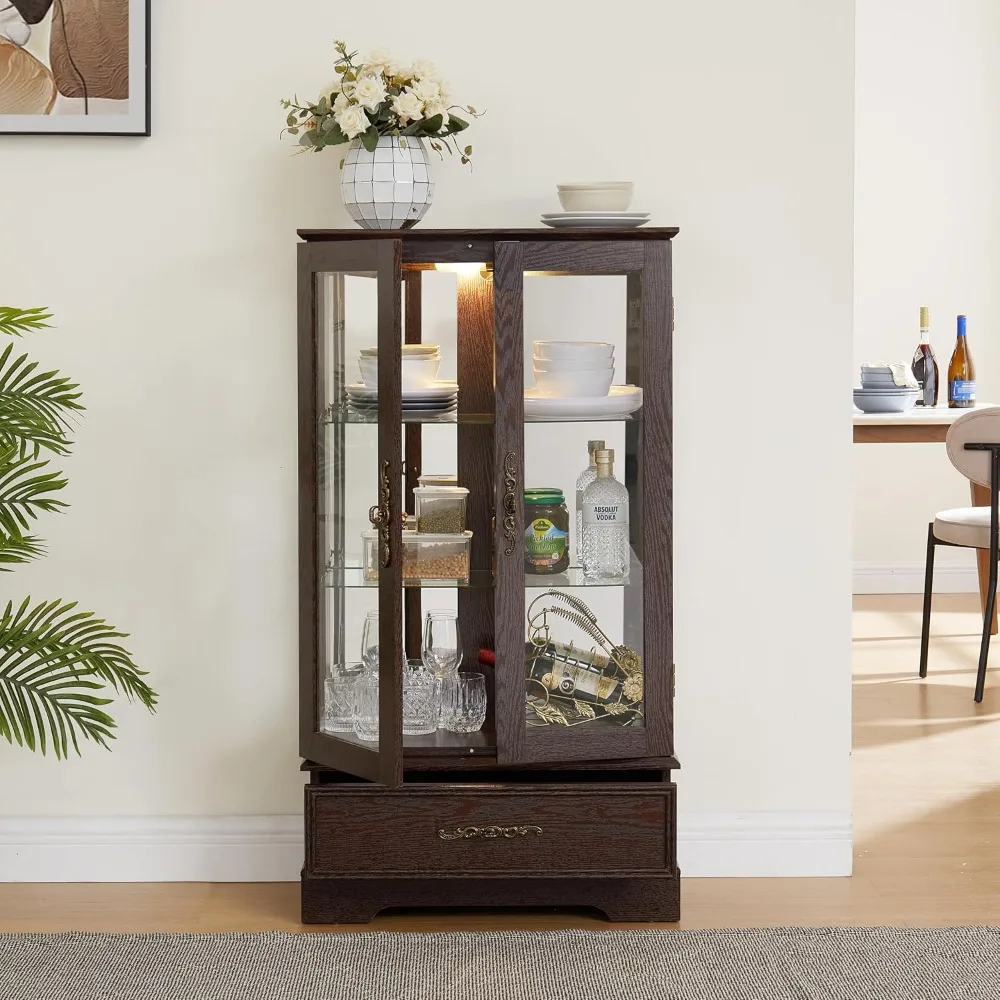 ​Display Cabinet with Glass Doors Drawer, Lighted Curio Cabinet with Adjustable Glass Shelves and Mirrored Back Panel,