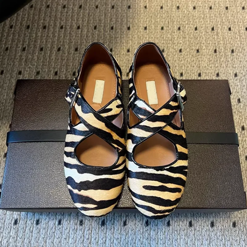 

Designer Brand Original Belt Buckle Mary Jane Single Shoes Women's Velvet Flat Ballet Shoes Leopard Print Small Leather Shoes