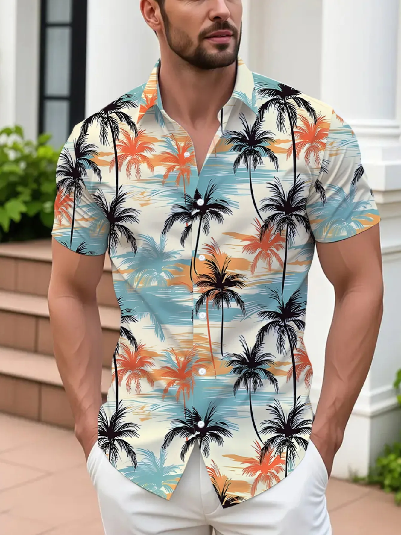 Top-Bestseller Hawaiihemd, Lebendiger Palmen- & Ozean-Druck, Herren Kurzarm-Hemd mit Knöpfen für Strandparty & Reisen