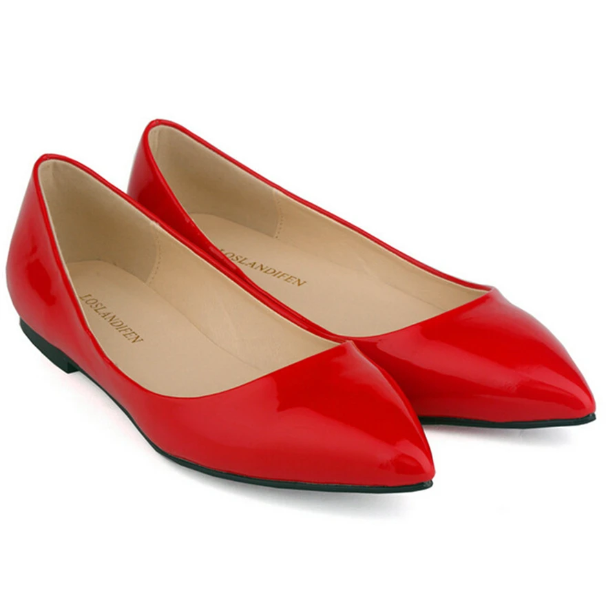 LOSLANDIFEN Shoes 2024 Elegant Work Ladies Shoes Patent Leather Slip On Women Flats Pointy Toe Candy Color Causal Footwear Woman