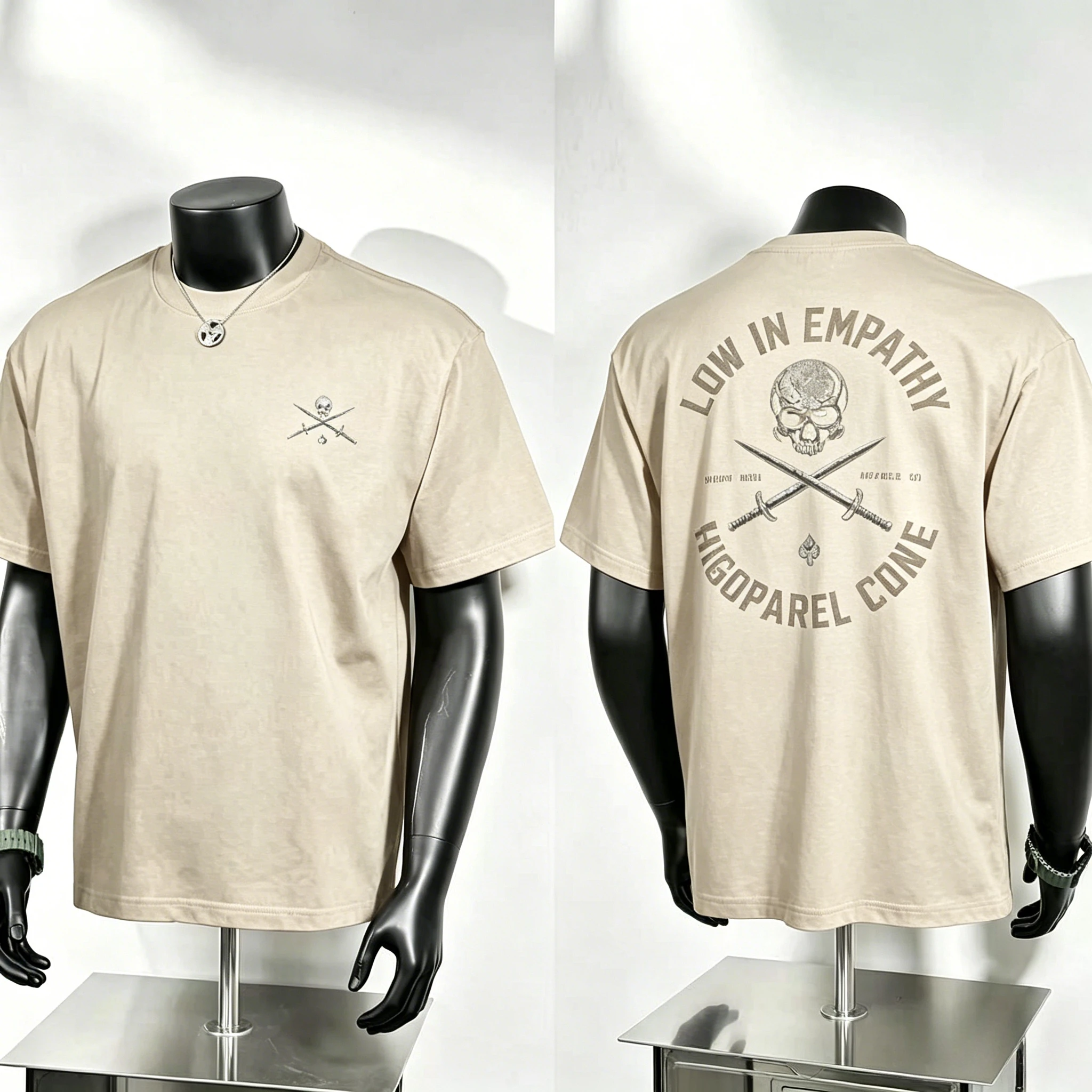 Low in Empathy Graphic T Shirt, Skull Cross Swords Chest Logo and Large Back Slogan Print, Dark Rebellious Street Tee