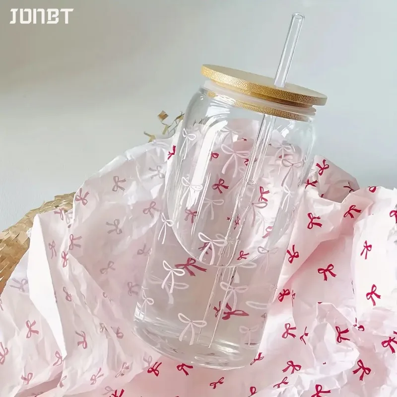 

16oz Transparent Pink Bow Plastic Water Cup with Bamboo Lid & Straw Reusable Portable Car Coffee Travel Tumbler Mug Drinkware