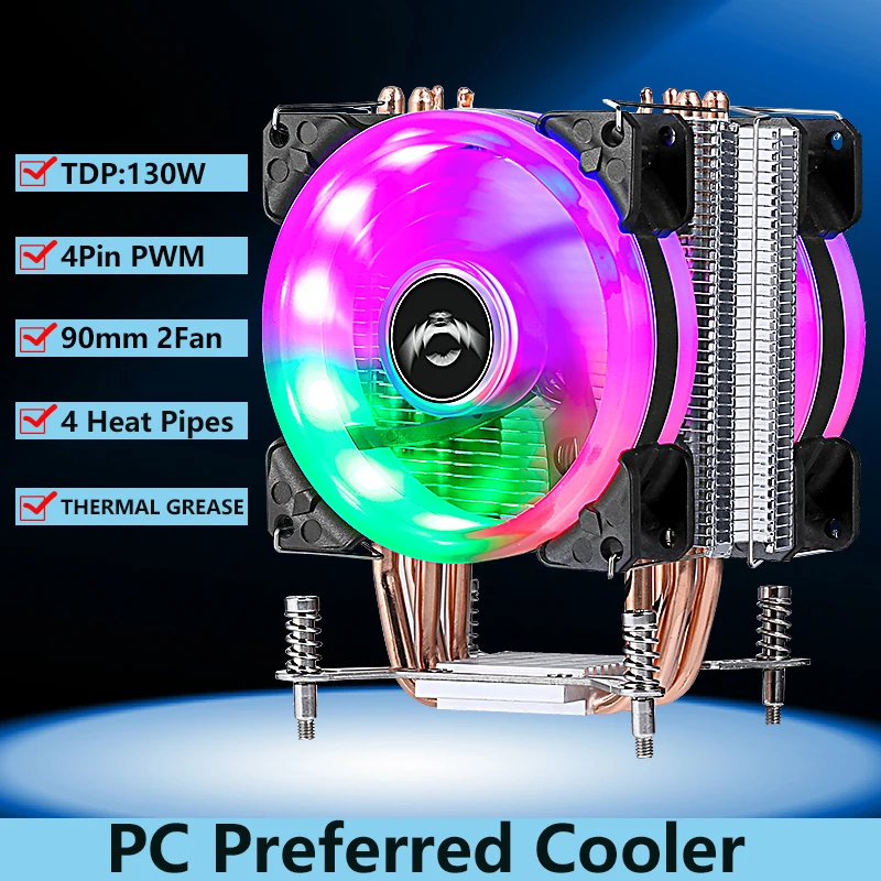 QIUzAim CPU Cooler 4 Heat Pipe Tower Radiator Cooling 90mm 2 Fan 3Pin/4Pin Air-cooled Installing LGA 2011 2066 x79 x99 E5 2099